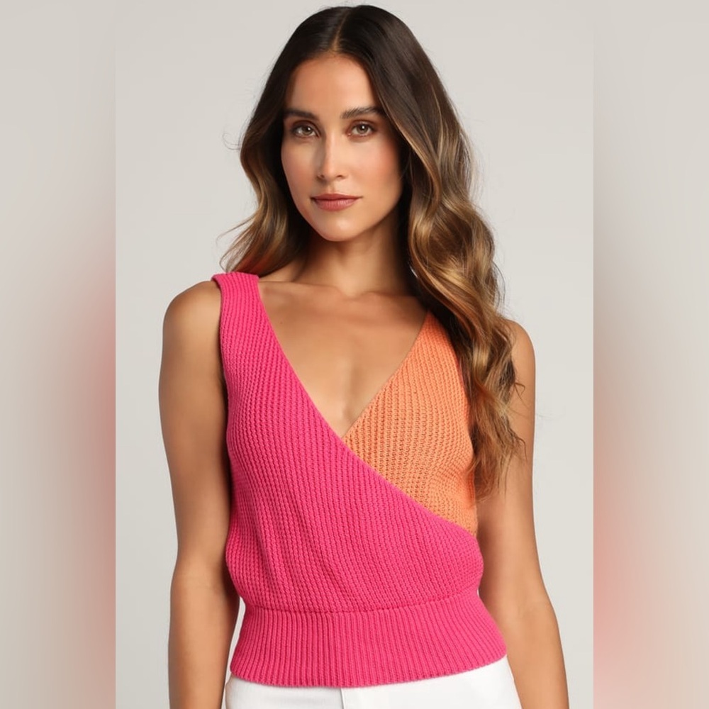 Lulu’s Double This Pink and Orange Color Block Knit Tank Top, Size L, NWOT